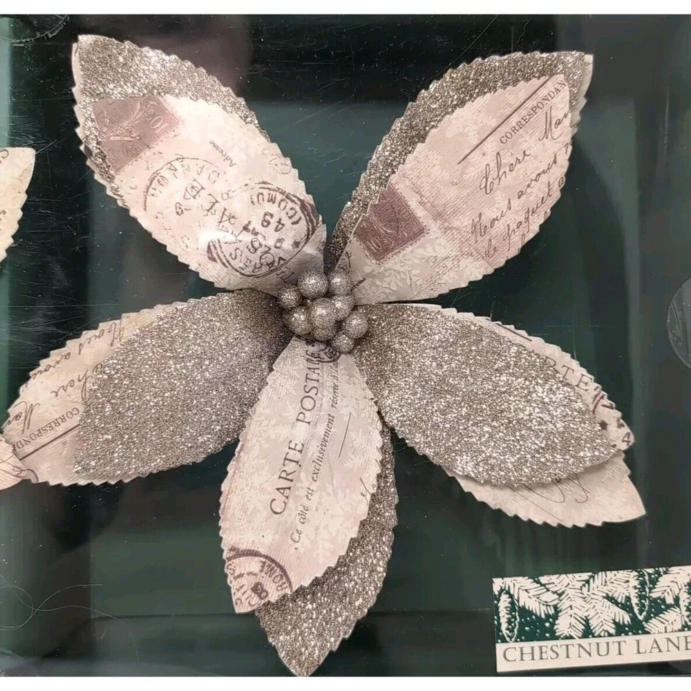 Poinsettia Christmas Ornaments Set of 2 Clip On Gold Cream Paper Glitter NEW NWT